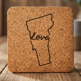 Vermont square cork coaster engraved with a hand-drawn state outline and love in cursive