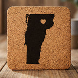 Vermont square cork coaster engraved with the state shape and a heart