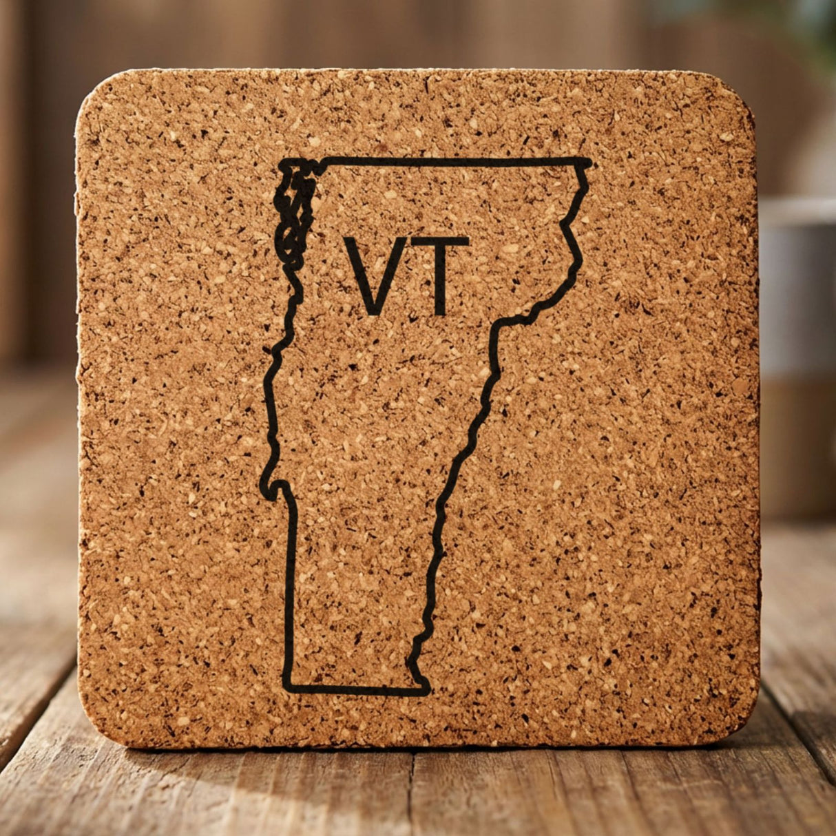 Vermont square cork coaster engraved with the state outline and VT initials