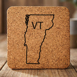 Vermont square cork coaster engraved with the state outline and VT initials
