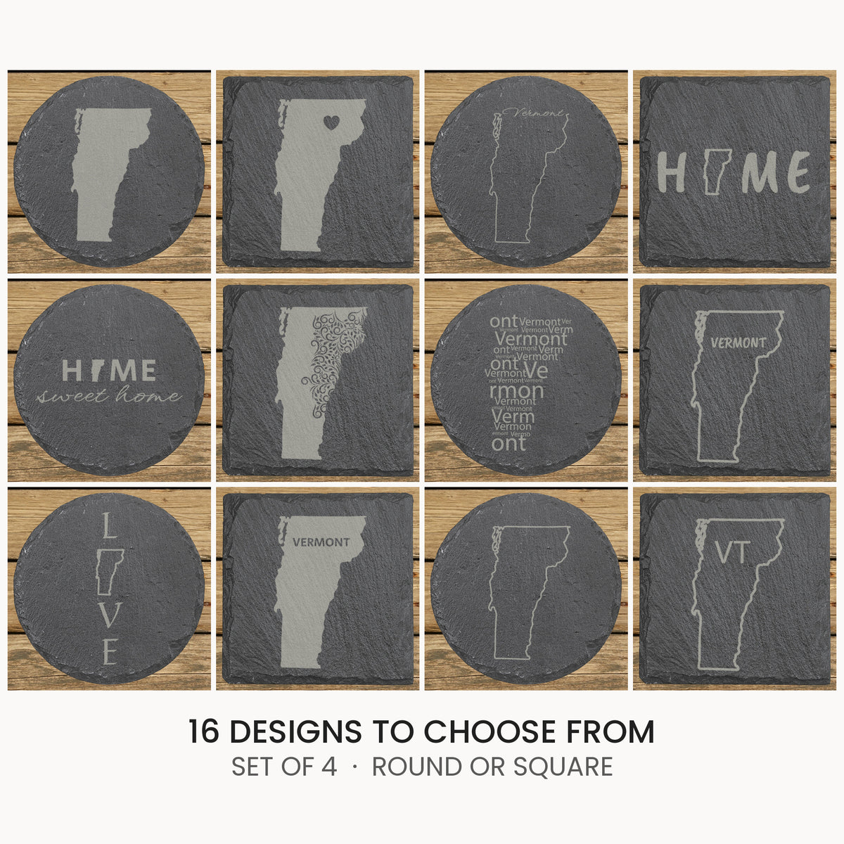 Vermont slate coaster set, laser engraved natural stone
