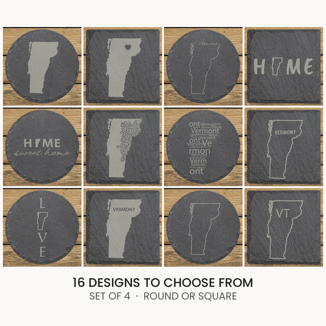 Vermont slate coaster set, laser engraved natural stone
