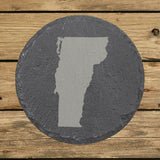 Vermont round slate coaster with the full state shape engraved