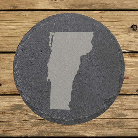 Vermont round slate coaster with the full state shape engraved