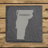 Vermont square slate coaster engraved with the state shape and VERMONT in bold lettering