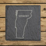 Vermont square slate coaster engraved with the state outline and VERMONT in hand-drawn brush lettering