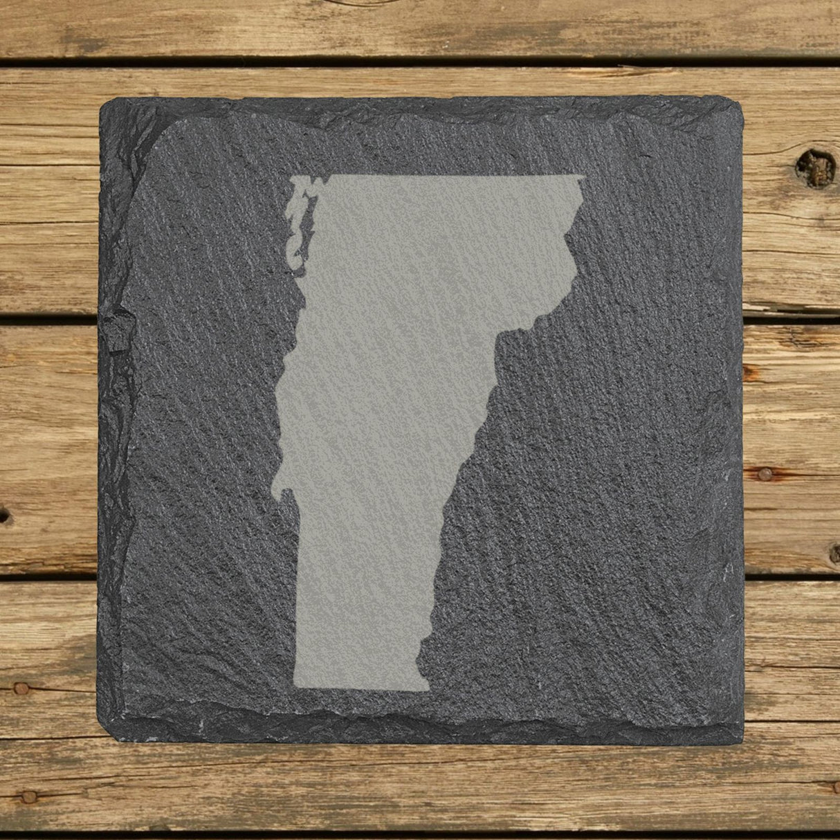 Vermont square slate coaster with the full state shape engraved