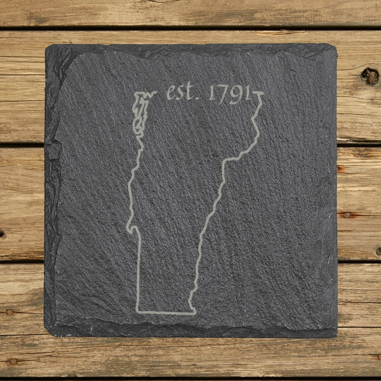 Vermont square slate coaster engraved with the state outline and est. 1791