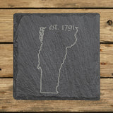 Vermont square slate coaster engraved with the state outline and est. 1791