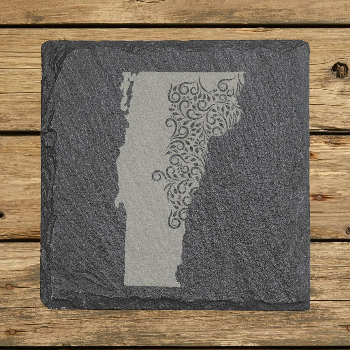Vermont square slate coaster engraved with the state shape in ornate floral scrollwork