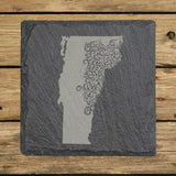 Vermont square slate coaster engraved with the state shape in ornate floral scrollwork