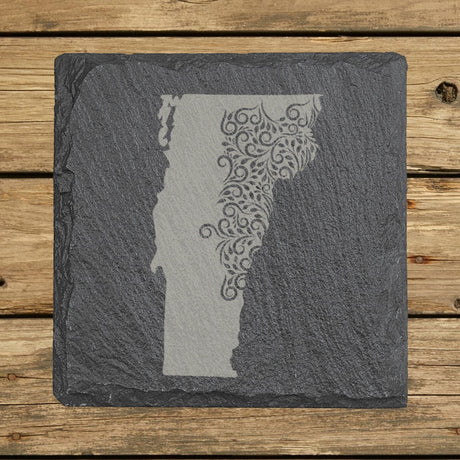 Vermont square slate coaster engraved with the state shape in ornate floral scrollwork