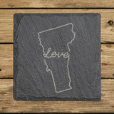 Vermont square slate coaster engraved with a hand-drawn state outline and love in cursive