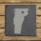 Vermont square slate coaster engraved with the state shape and a heart