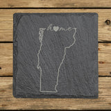Vermont square slate coaster engraved with the state outline and home in script with a heart