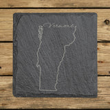 Vermont square slate coaster engraved with the state outline and Vermont in script lettering