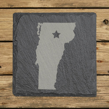 Vermont square slate coaster engraved with the state shape and a star
