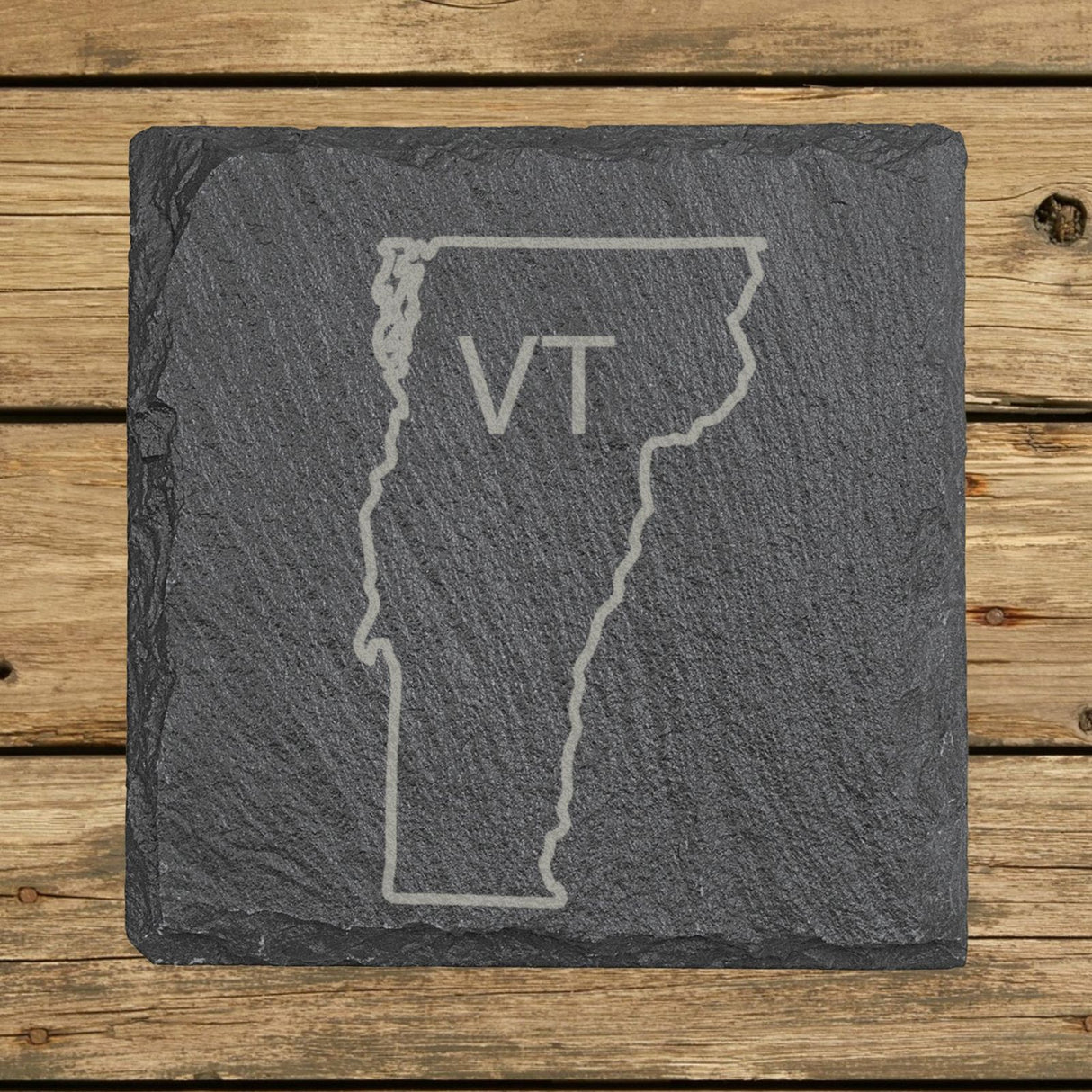 Vermont square slate coaster engraved with the state outline and VT initials