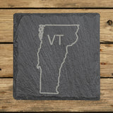 Vermont square slate coaster engraved with the state outline and VT initials