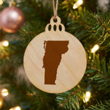 Vermont round wood Christmas ornament with the full state shape engraved