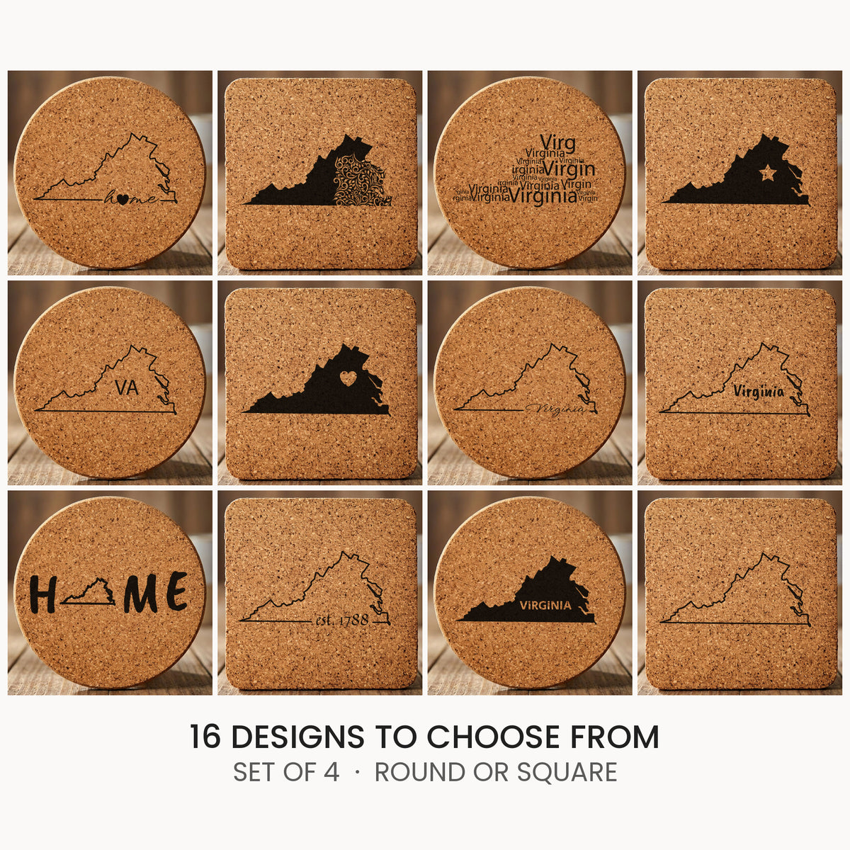 Virginia cork coaster set, laser engraved natural cork