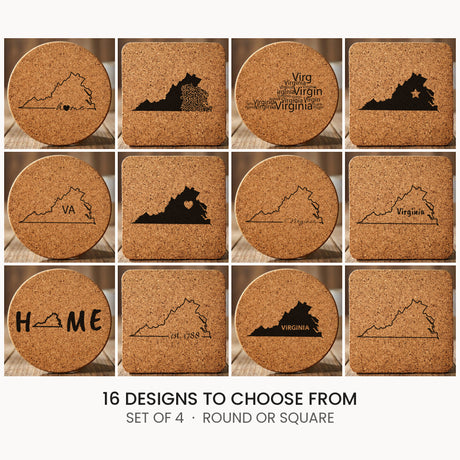 Virginia cork coaster set, laser engraved natural cork