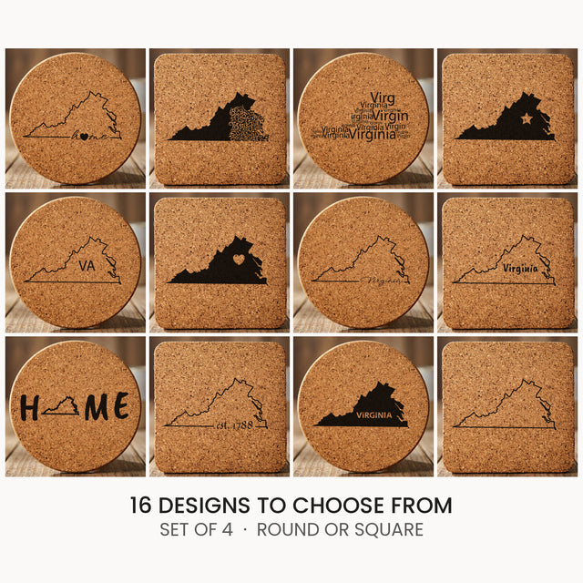 Virginia cork coaster set, laser engraved natural cork