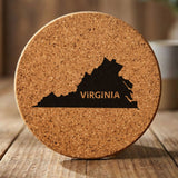 Virginia round cork coaster engraved with the state shape and VIRGINIA in bold lettering