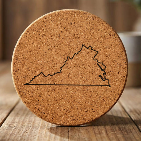 Virginia round cork coaster engraved with a clean state outline