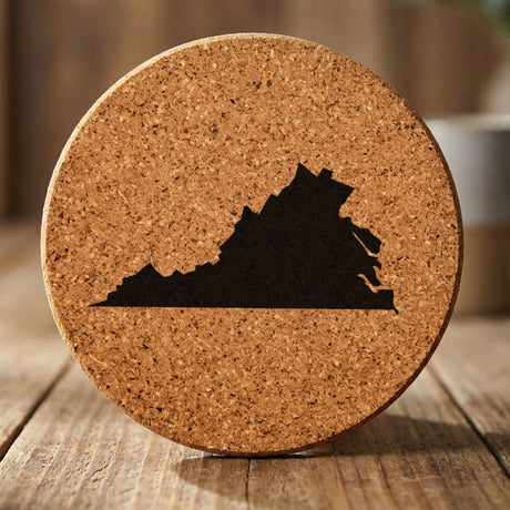 Virginia round cork coaster with the full state shape engraved