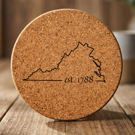 Virginia round cork coaster engraved with the state outline and est. 1788