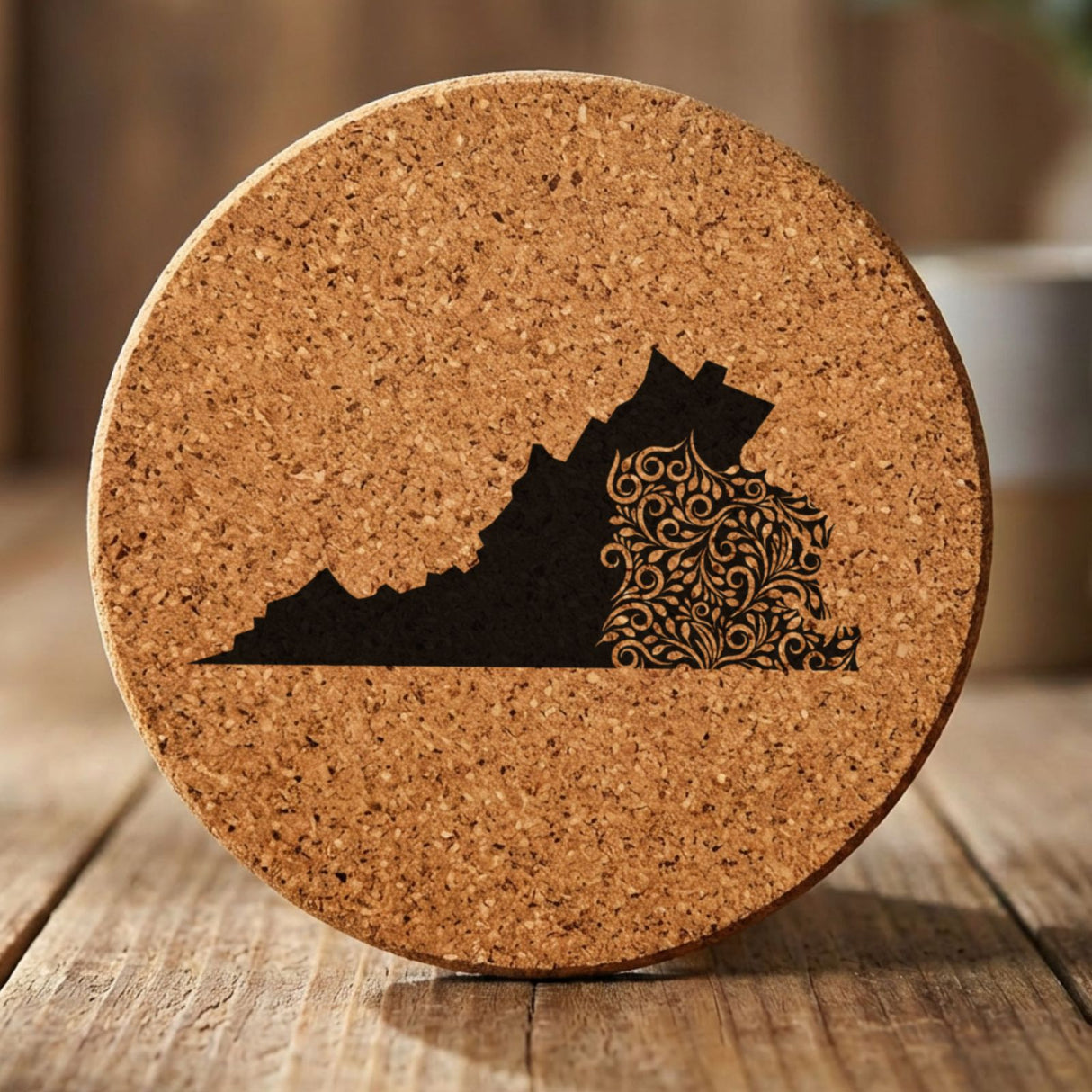 Virginia round cork coaster engraved with the state shape in ornate floral scrollwork