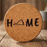 Virginia round cork coaster engraved with HOME using the state outline as the letter O