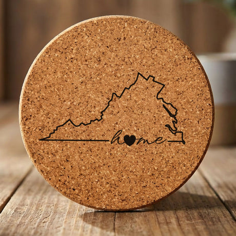 Virginia round cork coaster engraved with the state outline and home in script with a heart