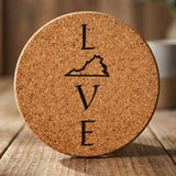 Virginia round cork coaster engraved with LOVE stacked vertically using the state as the letter O