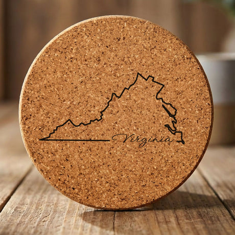 Virginia round cork coaster engraved with the state outline and Virginia in script lettering