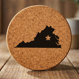 Virginia round cork coaster engraved with the state shape and a star