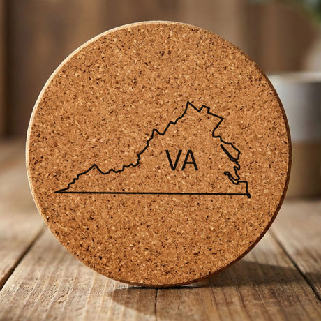 Virginia round cork coaster engraved with the state outline and VA initials
