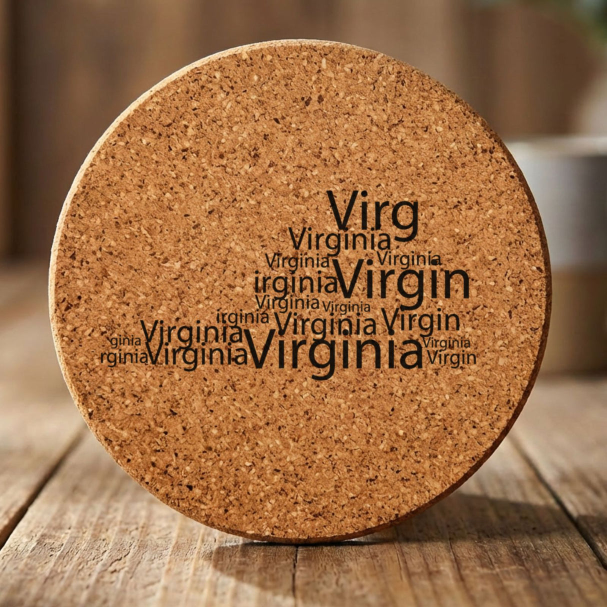 Virginia round cork coaster engraved with a word cloud of repeating Virginia text