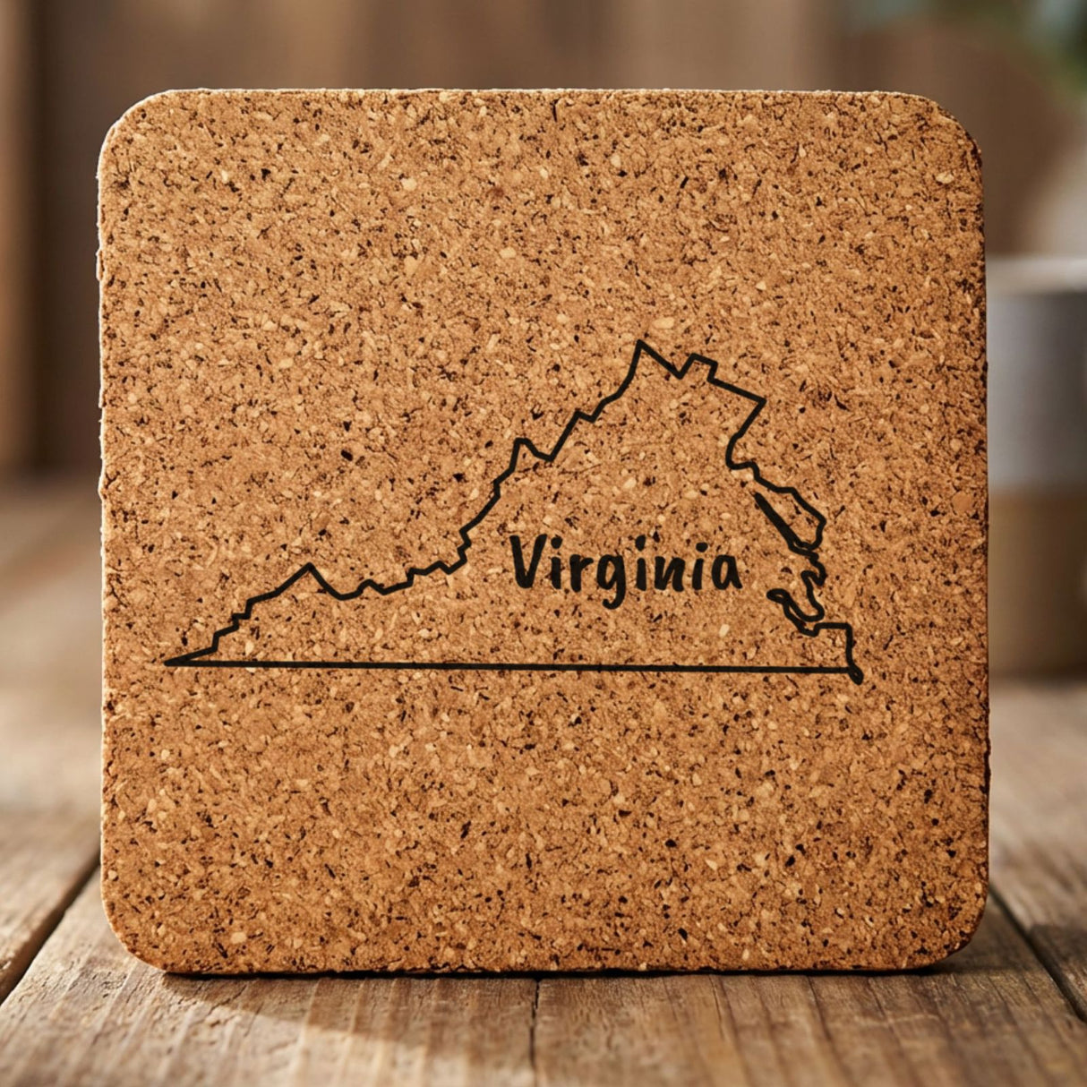 Virginia square cork coaster engraved with the state outline and VIRGINIA in hand-drawn brush lettering