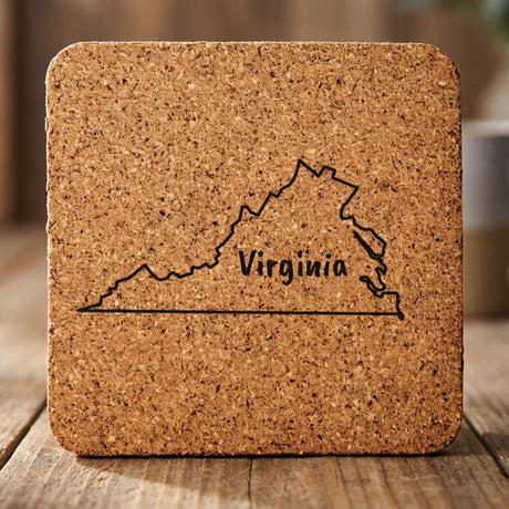Virginia square cork coaster engraved with the state outline and VIRGINIA in hand-drawn brush lettering