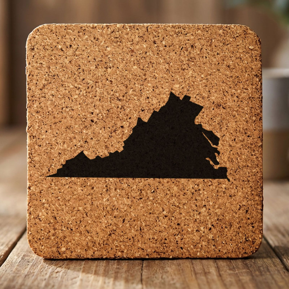 Virginia square cork coaster with the full state shape engraved