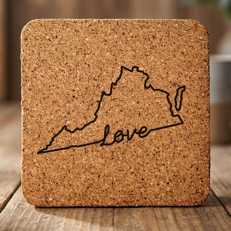 Virginia square cork coaster engraved with a hand-drawn state outline and love in cursive