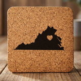 Virginia square cork coaster engraved with the state shape and a heart