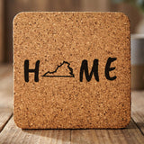 Virginia square cork coaster engraved with HOME using the state outline as the letter O