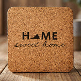 Virginia square cork coaster engraved with HOME sweet home using the state shape as the letter O