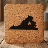 Virginia square cork coaster engraved with the state shape and a star