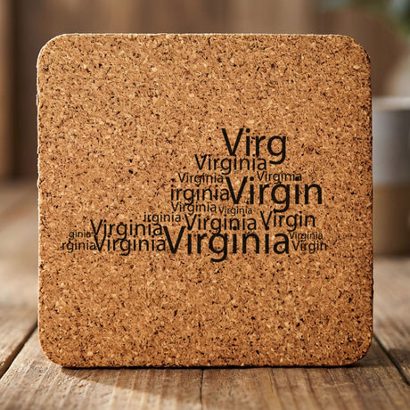 Virginia square cork coaster engraved with a word cloud of repeating Virginia text