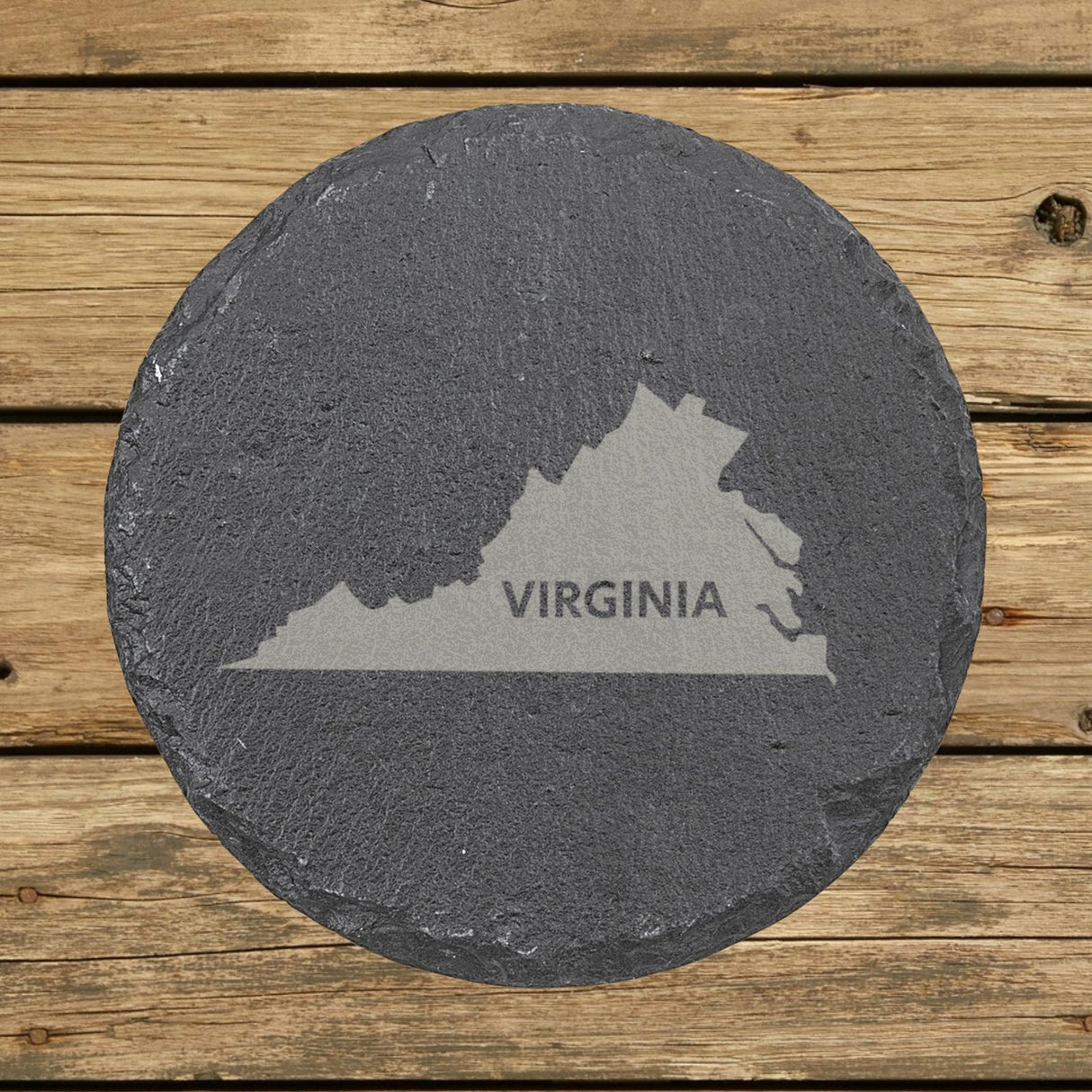 Virginia round slate coaster engraved with the state shape and VIRGINIA in bold lettering
