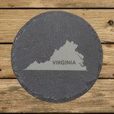 Virginia round slate coaster engraved with the state shape and VIRGINIA in bold lettering